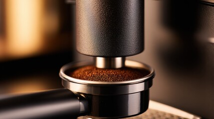 Close-up of an espresso machine extracting coffee from a portafilter, showcasing rich textures and colors