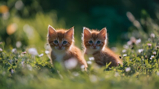 Playful kittens explore a wildflower meadow bathed in warm sunlight evoking joy and gentle springtime moments
