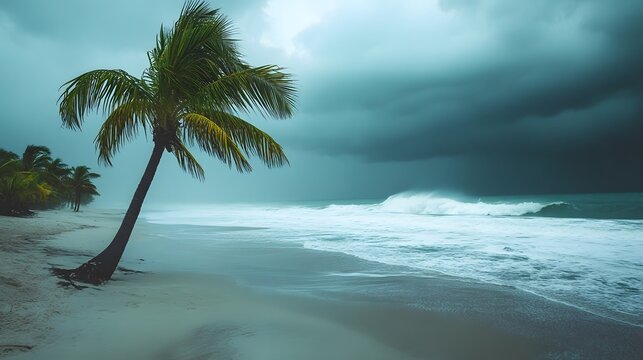 Tropical beach with palm tree during a storm with dark ominous clouds ocean waves photo
