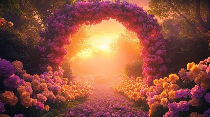 A symmetrical shot of a vibrant floral archway adorned with clusters of pastel-colored carnations and daffodils