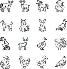 Farm animals and birds icon set