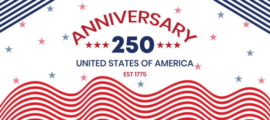 USA 250th Anniversary Celebration Banner Design – Patriotic Red White Blue Waves, Modern Independence Theme, American Flag Style Template for National Event 2026