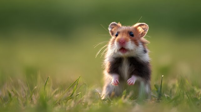Alert European hamster portrait showcases adorable wildlife in a serene green meadow landscape
