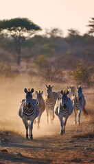 Obraz premium Zebras graze serenely across Kruger’s savanna bathed in warm afternoon light a peaceful wildlife scene