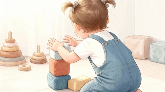 young boy in overalls stacks colorful blocks on floor amidst wooden toys, creating calm and joyful atmosphere, family lifestyle, cozy playtime, focus, development, learning. Christmas spirit. period