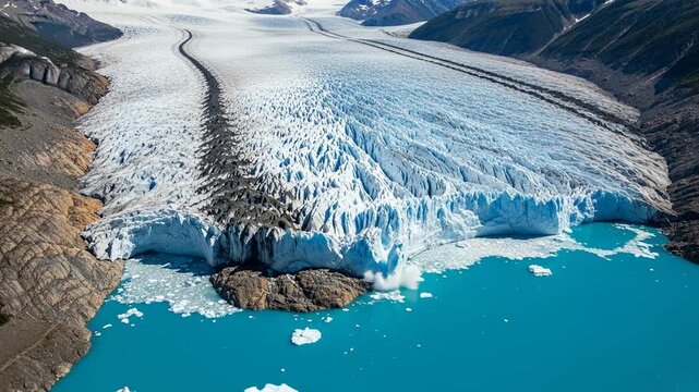 Stunning Aerial View of a Massive Glacier and Turquoise Lake in a Mountainous Landscape.
