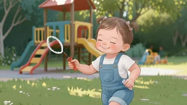 young girl in blue overalls blows bubbles in sunlit park, radiating joy, with red bubble wand, Caucasian, happy family moment, springtime festivity, childhood, innocence