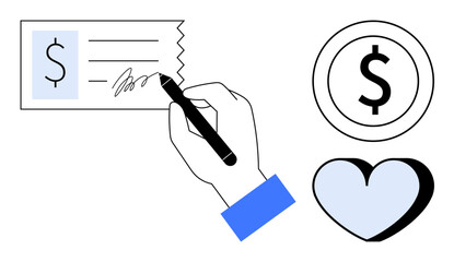 Hand writing signature on check, dollar symbol, and heart symbolizing donation, financial aid, generosity, charity, wealth management, philanthropy and community support. Clean flat design metaphor
