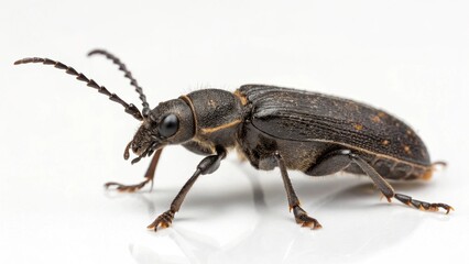 Fototapeta premium Photorealistic macro studio portrait of an adult Old House Borer beetle (Hylotrupes bajulus) isolated on a clean white background.