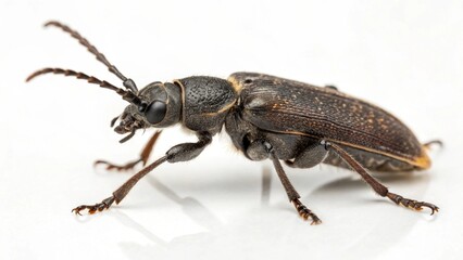 Naklejka premium Photorealistic macro studio portrait of an adult Old House Borer beetle (Hylotrupes bajulus) isolated on a clean white background.