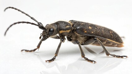 Fototapeta premium Photorealistic macro studio portrait of an adult Old House Borer beetle (Hylotrupes bajulus) isolated on a clean white background.