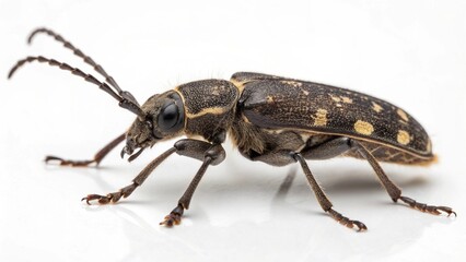 Fototapeta premium Photorealistic macro studio portrait of an adult Old House Borer beetle (Hylotrupes bajulus) isolated on a clean white background.