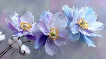 Ethereal Fantasy Anemone Flowers: Three Large, Softly Textured Blue and Lavender Blossoms with Bright Yellow Stamens, Accented by Fluffy White Cotton Bolls on a Dreamy Pastel Abstract Background.