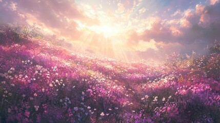 A wide-angle view of a serene field covered in pale pink and lavender flowers. The sunlight streams down in beams and creates a warm pastel reflection on the soft soil.