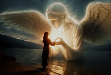 A robed woman stands at a quiet lakeshore at dusk, reaching toward a translucent angelic figure as warm light gathers, ripples spread, and wings tilt in slow motion.