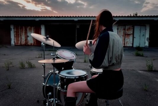 A lone drummer hits a full kit on cracked asphalt by rust streaked metal doors, dust rising on cymbal strikes, dusk light, wide frame, cool grade, low angle.