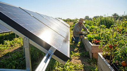 Man tending vegetable garden near solar panels in sustainable farm