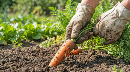 Hands harvesting fresh carrot from soil in garden outdoors