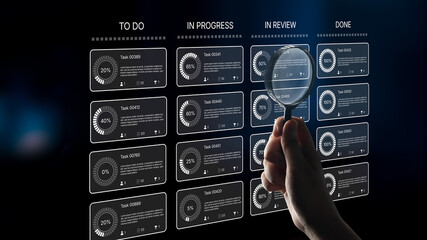 Task management tool dashboard showing kanban-style workflow with columns for to do, in progress, in review, and done, including task cards, progress, and team icons Latch