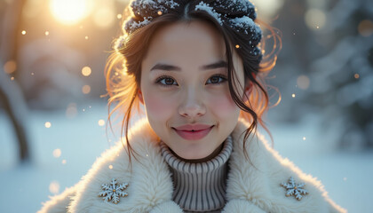 Young woman smiling warmly in a cozy winter outfit with snowfall in a forest setting