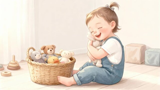 young boy, in overalls, plays with white rabbit and brown teddy bear on floor, surrounded by stuffed animals in woven basket, creating calm, serene mood., comfort, childhood, play, innocence, joy