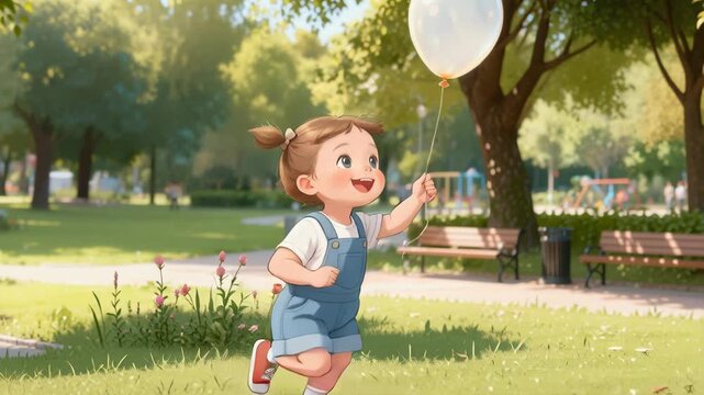 young girl in blue overalls runs with joy in lush green park, holding white balloon, conveying happiness and carefree playfulness, suggesting sunny day., joyful summer moment, childhood wonder