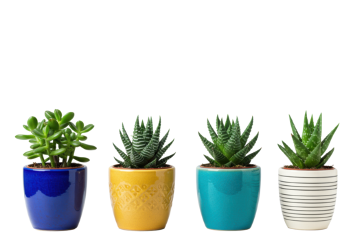 five detailed healthy succulents (jade, aloe, haworthia, echeveria) in diverse ceramic pots, horizontally arranged on a transparent studio background with copy space, clean modern home gardening