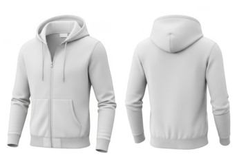 Realistic 3d mockup of a plain white zipup hoodie for men, front and back view, isolated on transparent background