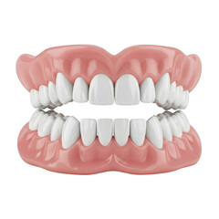 Obraz premium Realistic full denture set showing upper and lower arches of white teeth and pink gums isolated on transparent background