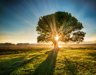 Sunlight Streaming Through a Lone Tree in a Serene Field at Sunrise
