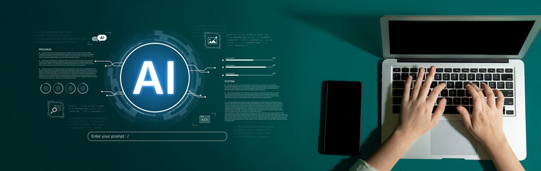A futuristic interface for a generative AI system. A developer enters a prompt to initiate coding, data processing, and monitor the system's progress and performance. Fermion