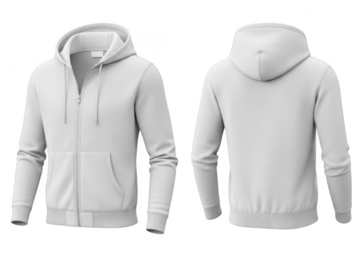 Realistic 3d mockup of a plain white zipup hoodie for men, front and back view, isolated on transparent background
