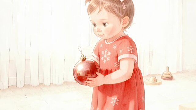 young girl in red dress holds shiny bauble, surrounded by shapes under warm lighting, expressing curiosity and wonder, joyful exploration, learning, childhood, winter celebration, Christmas spirit