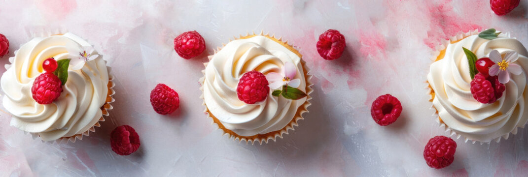 Three cupcakes with white frosting and raspberries on a pink marble background. The cupcakes are decorated with mint leaves and are arranged in a row