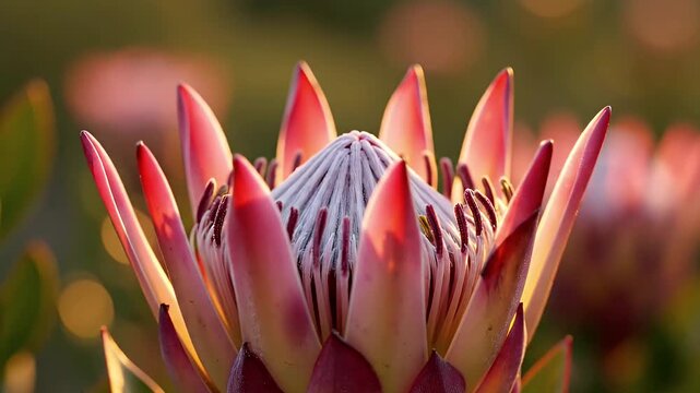 A closeup captures the vibrant bloom of a pink protea flower with pointed petals surrounding a white center