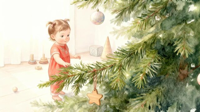young girl in red dress reaches for star ornament on green Christmas tree, surrounded by blue baubles and snowmen, evoking joyful family moment, cozy winter holiday spirit, Christmas celebration
