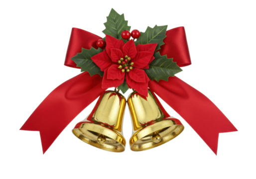 Highly detailed golden christmas bells linked with a luxurious deep crimson satin bow and scarlet poinsettia/holly on a bright white studio background. concept of classic holiday sophistication