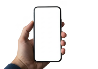 Hand holding modern smartphone with blank white screen for copy space, isolated on transparent background