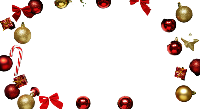 photorealistic macro close-up of lush emerald fir branches framed around a white studio background, adorned with glossy red/gold baubles and velvet bows. professional holiday season celebration