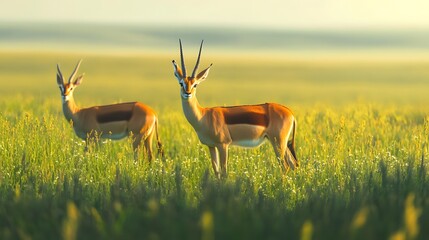 Two gazelles standing in a green grassy field at sunrise antelope wild animals photo