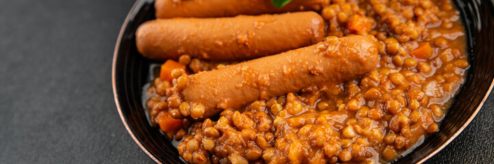 Sausage with lentils second course tasty snack fresh delicious gourmet food background on the table rustic top view copy space