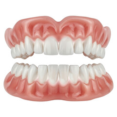 Obraz premium Realistic full denture set showing upper and lower prosthetic teeth with pink gums isolated on transparent background