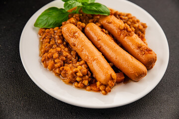 Sausage with lentils second course tasty snack fresh delicious gourmet food background on the table rustic top view copy space