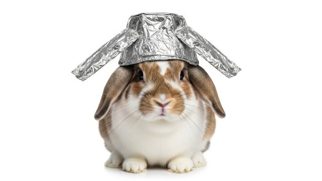 rabbit wearing a tinfoil hat, paranoid, paranoia, on a white background, animal photo