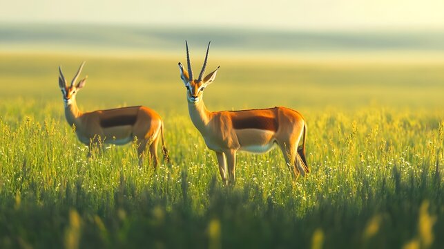 Two gazelles standing in a green grassy field at sunrise antelope wild animals photo