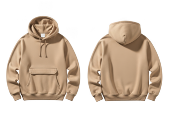 Front and back view of a plain beige or tan color oversized unisex hoodie with a kangaroo pocket, isolated on transparent background