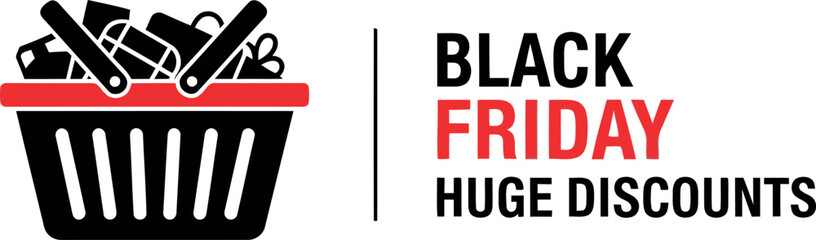 Black friday shopping basket with huge discounts for retail sales.