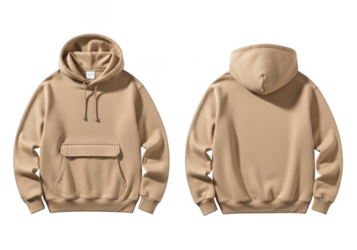 Front and back view of a plain beige or tan color oversized unisex hoodie with a kangaroo pocket, isolated on transparent background - Powered by Adobe