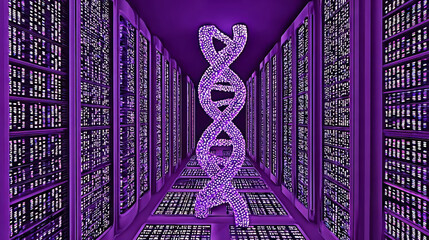 Colossal double helix structure DNA made of interconnected server racks. Glowing genetic code pulsing through the strands of data.