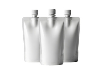 Three blank silver stand up spout pouches for liquid product packaging isolated on transparent background